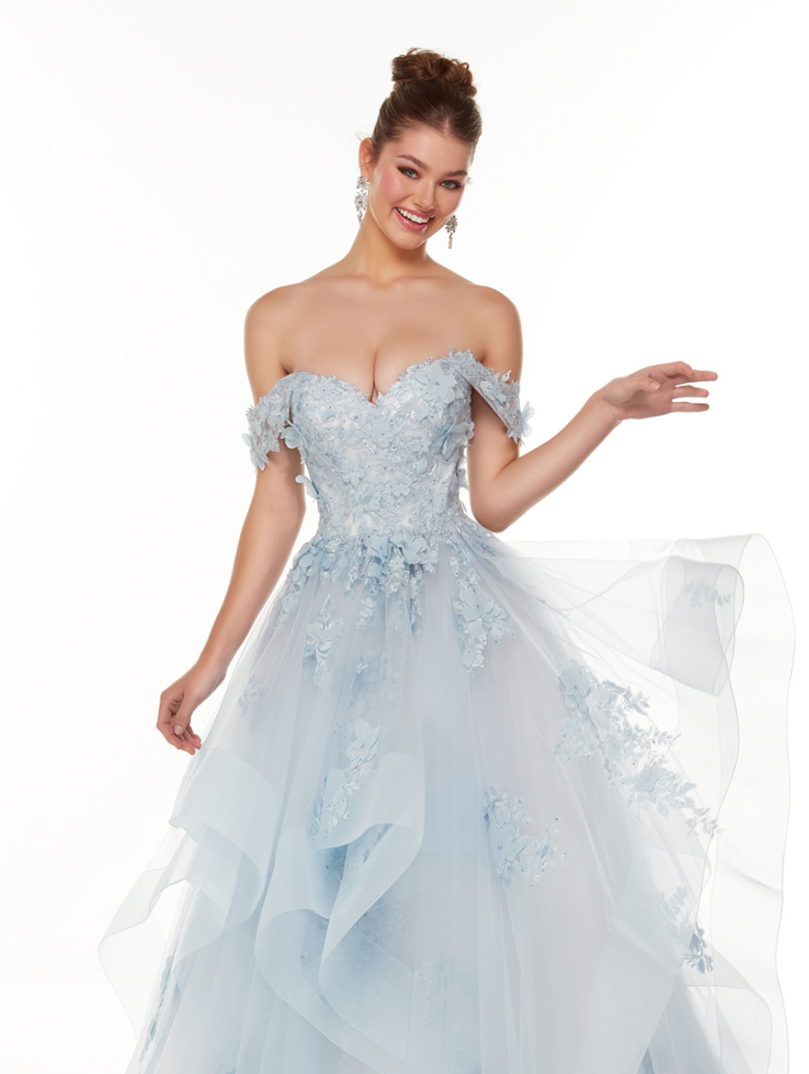 Model wearing a Alyce Paris prom dress