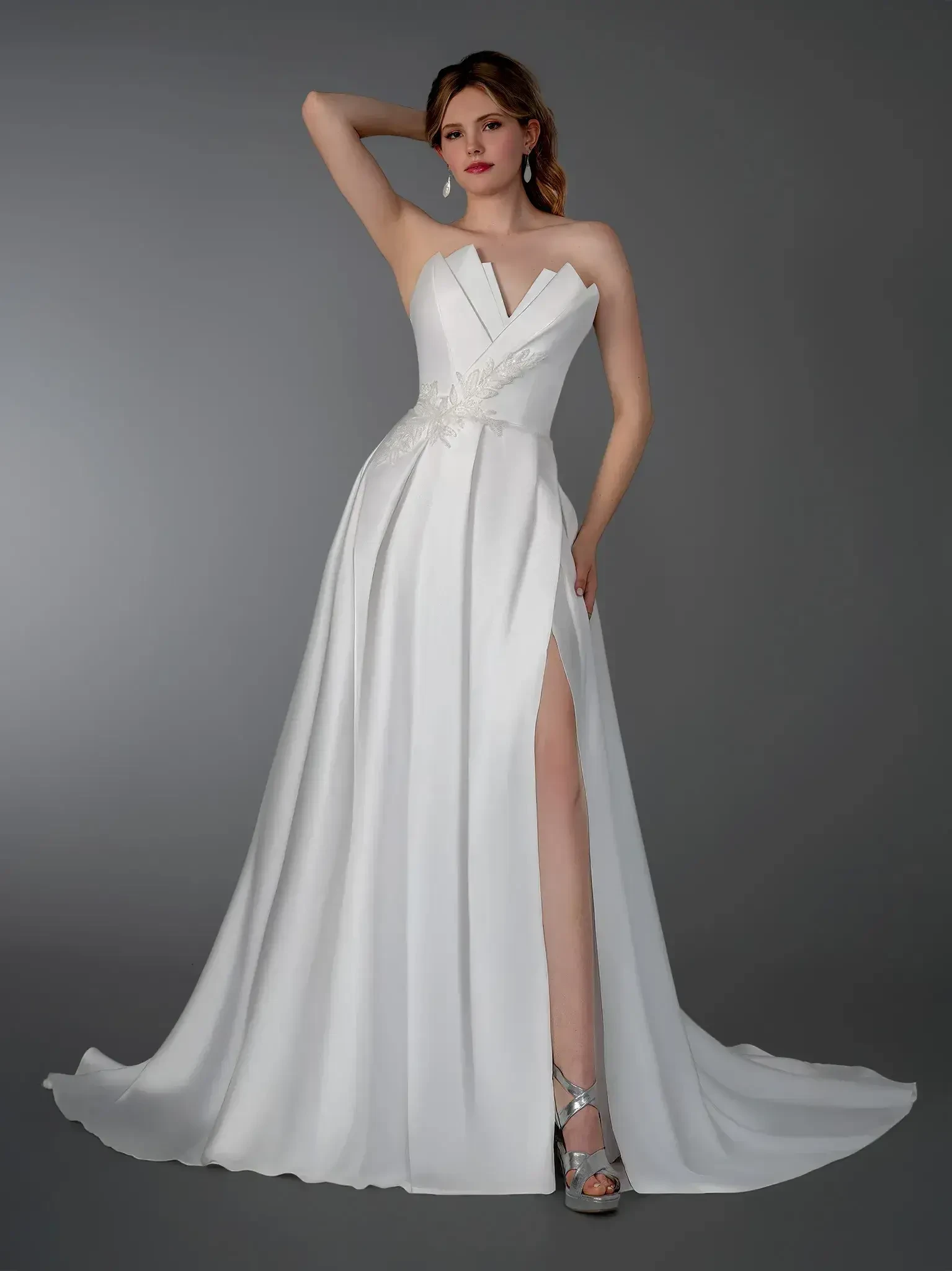 Model wearing a white dress